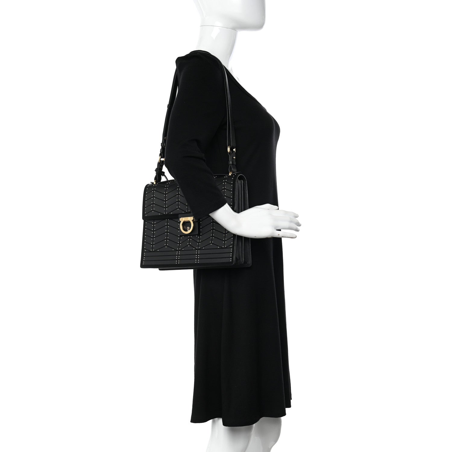 Salvatore Ferragamo Calfskin Suede Studded Aileen Shoulder Bag Black 2 of 14