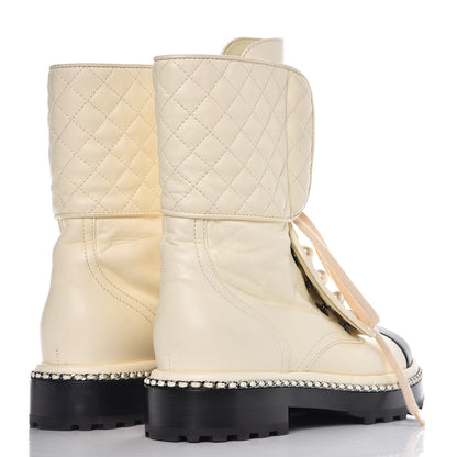 Chanel Lambskin Pearl Chain CC Combat Boots 37 Ivory Black 4 of 13