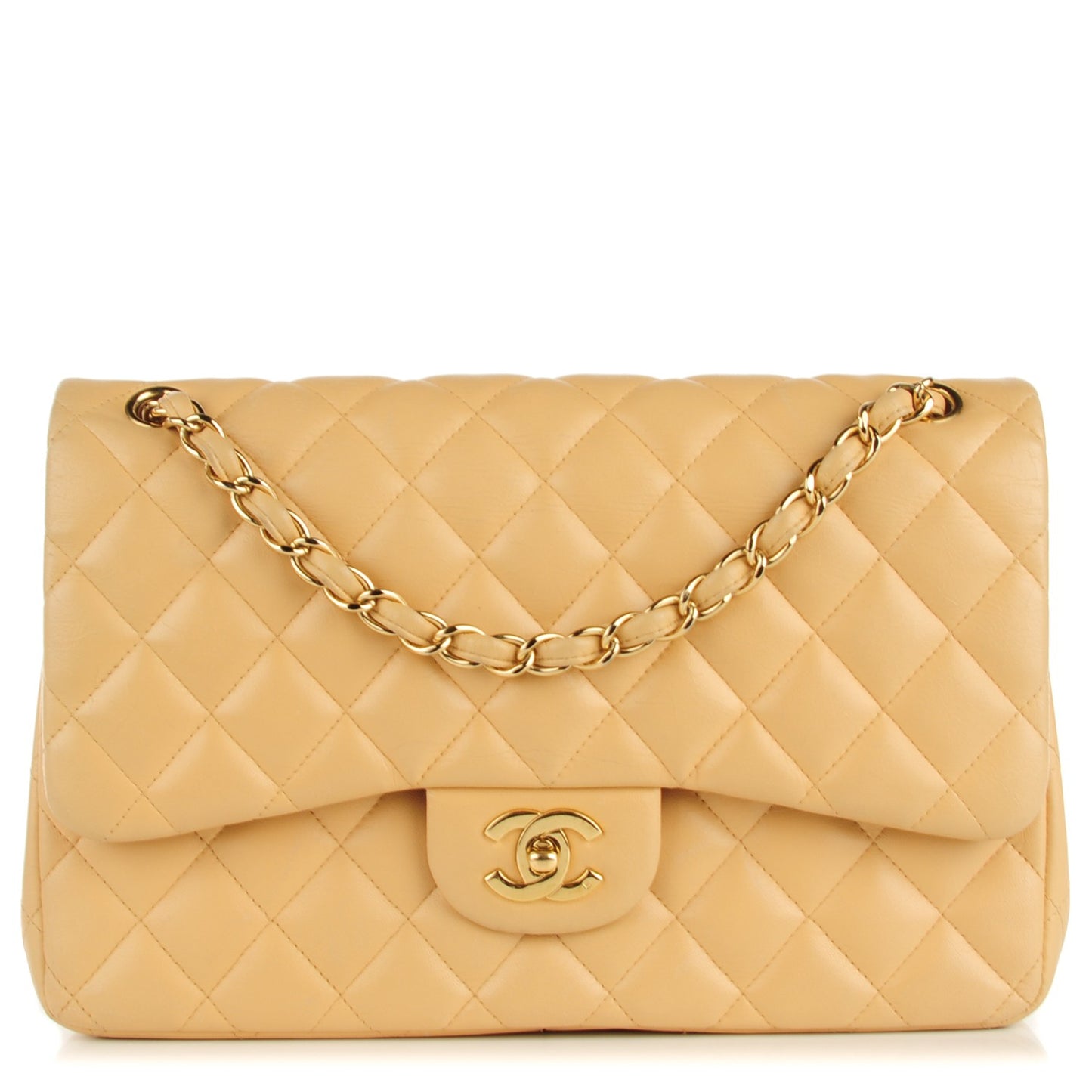 Lambskin Quilted Jumbo Double Flap Beige