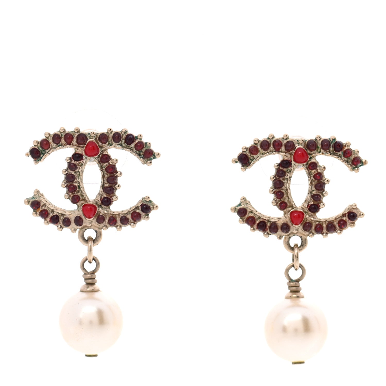 Chanel Gripoix Pearl Drop Earrings Gold Red 1 of 6