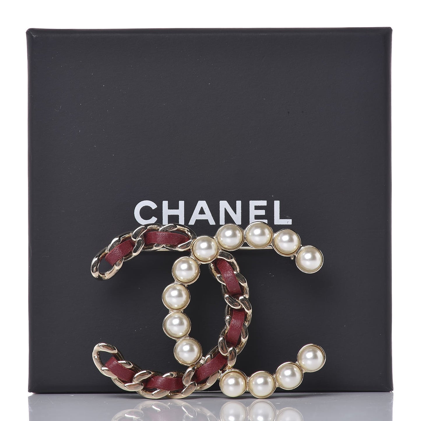 Calfskin Pearl CC Chain Brooch Burgundy Gold