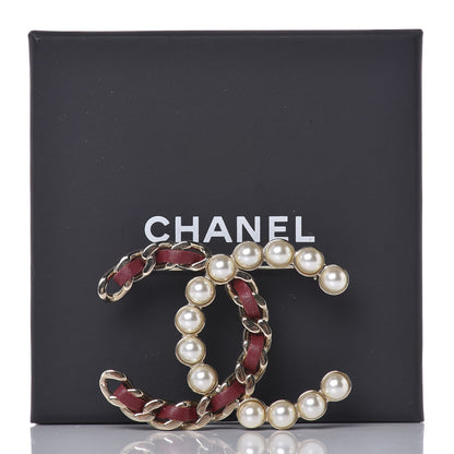 Chanel Calfskin Pearl CC Chain Brooch Burgundy Gold 5 of 5