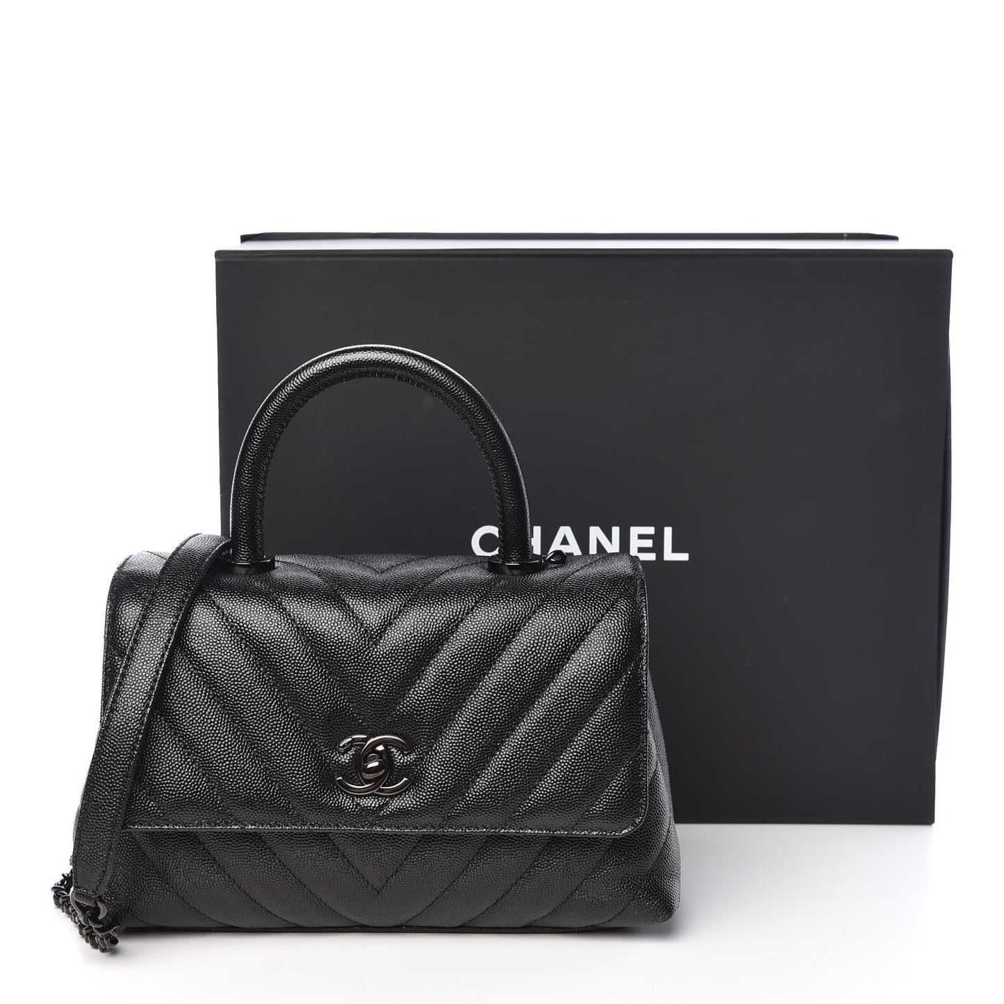 Caviar Chevron Quilted Mini Coco Handle Flap So Black