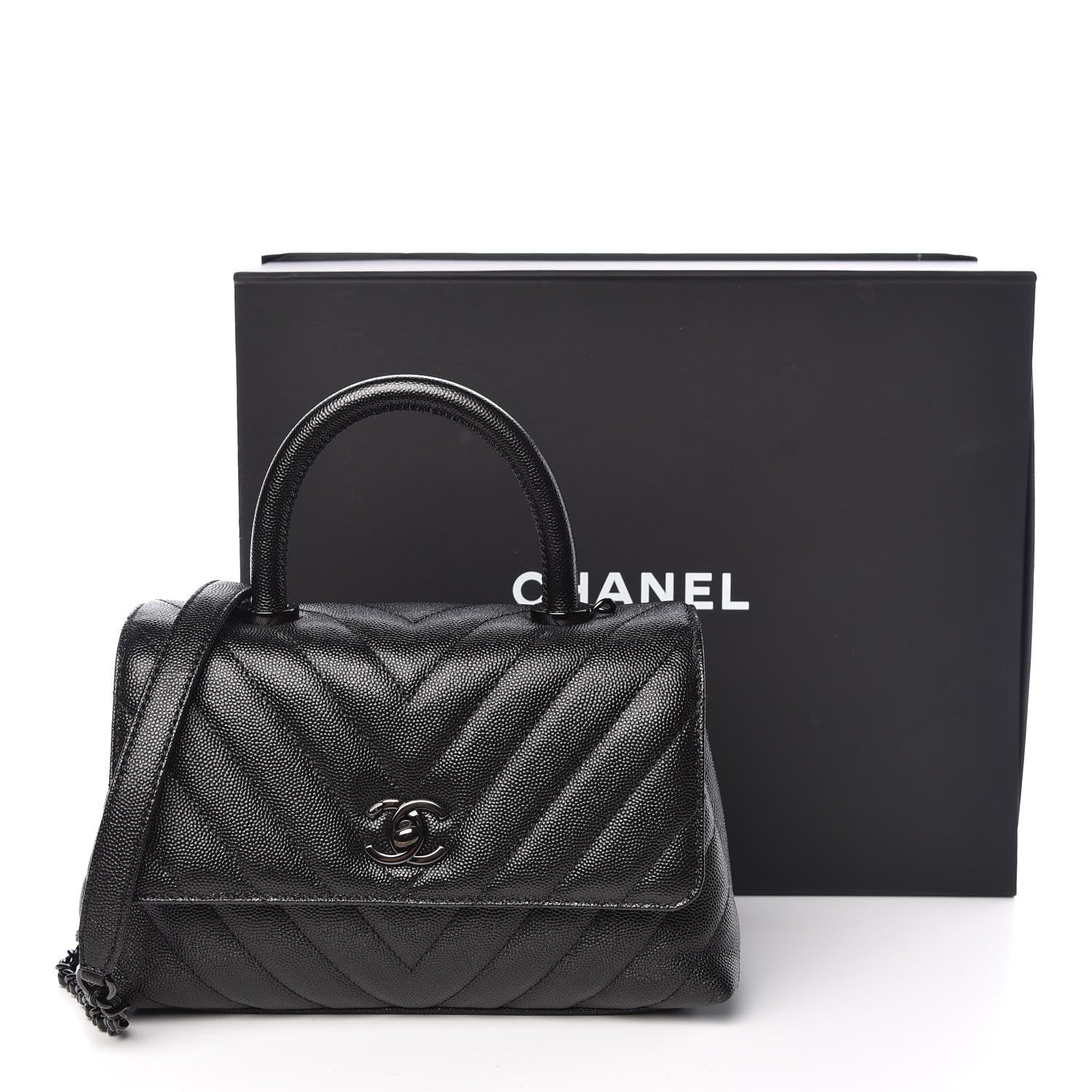 Chanel Caviar Chevron Quilted Mini Coco Handle Flap So Black 10 of 10