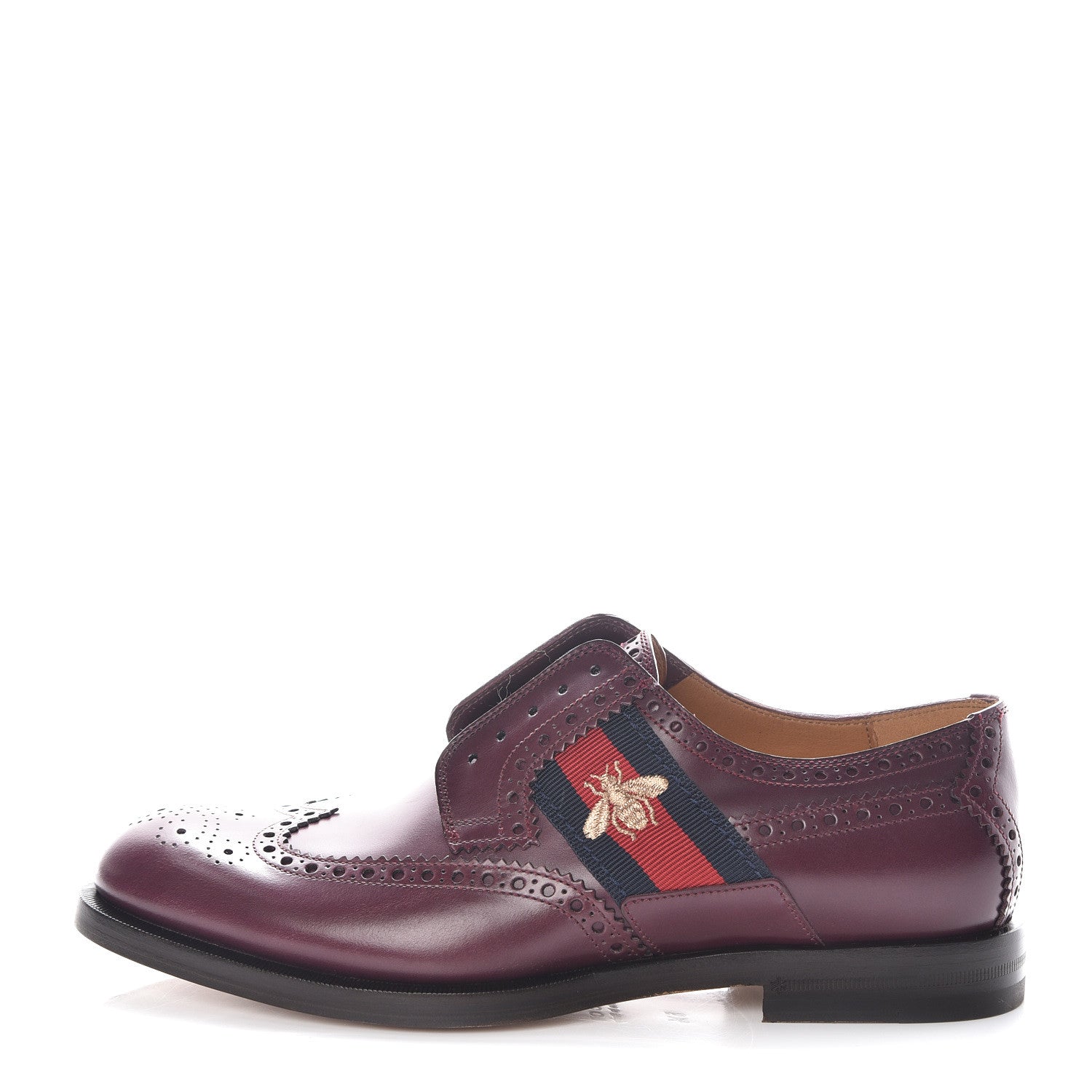 Gucci Calfskin Web Bee Embroidered Mens Slip-On Brogue Wingtip Derby Shoes 6.5 Bordeaux 1 of 9