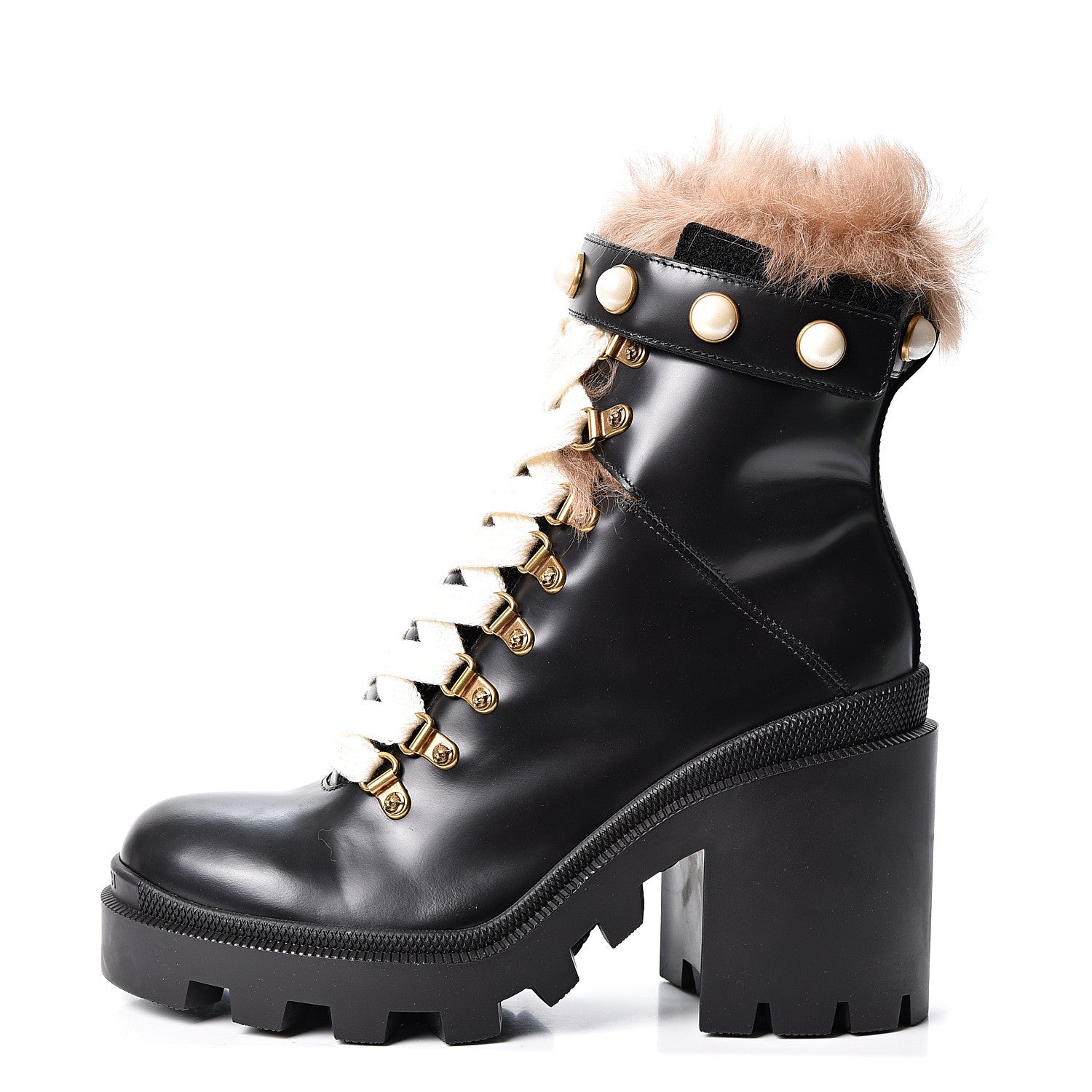 Gucci Magnum Calfskin Fur Pearl Lace Up Combat Ankle Boots 38.5 Black Naturale 1 of 11