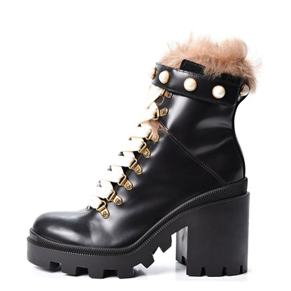 Gucci Magnum Calfskin Fur Pearl Lace Up Combat Ankle Boots 38.5 Black Naturale 1 of 11