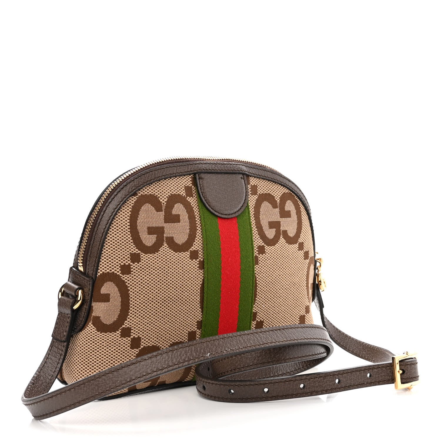 Gucci Monogram Jumbo GG Textured Dollar Calfskin Web Small Ophidia Dome Shoulder Bag Camel Ebony New Acero 3 of 12