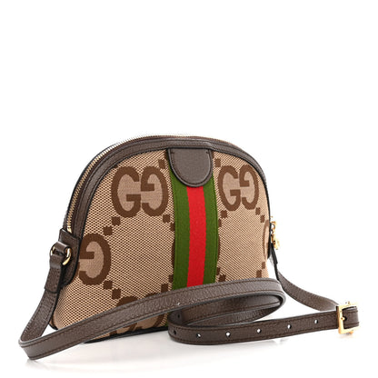 Gucci Monogram Jumbo GG Textured Dollar Calfskin Web Small Ophidia Dome Shoulder Bag Camel Ebony New Acero 3 of 12