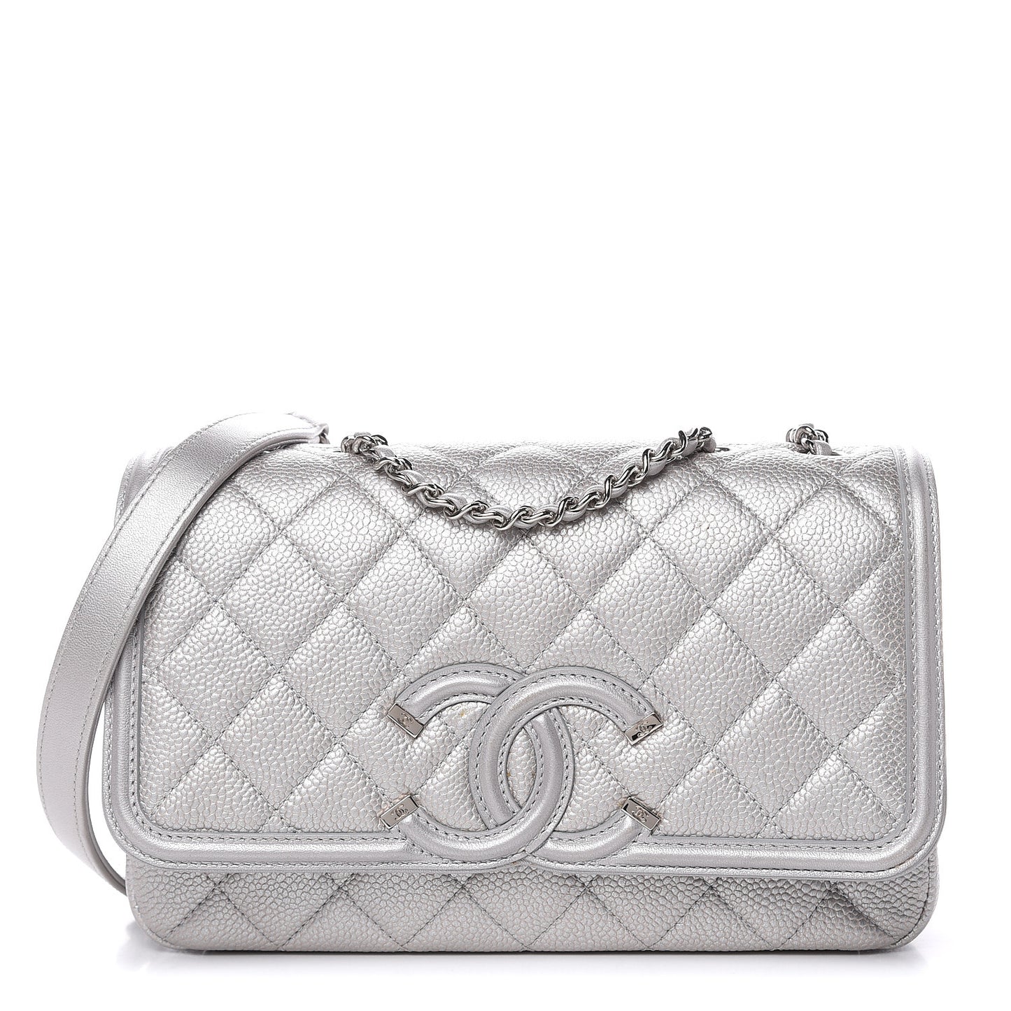 Metallic Caviar Quilted Small CC Filigree Flap Silver