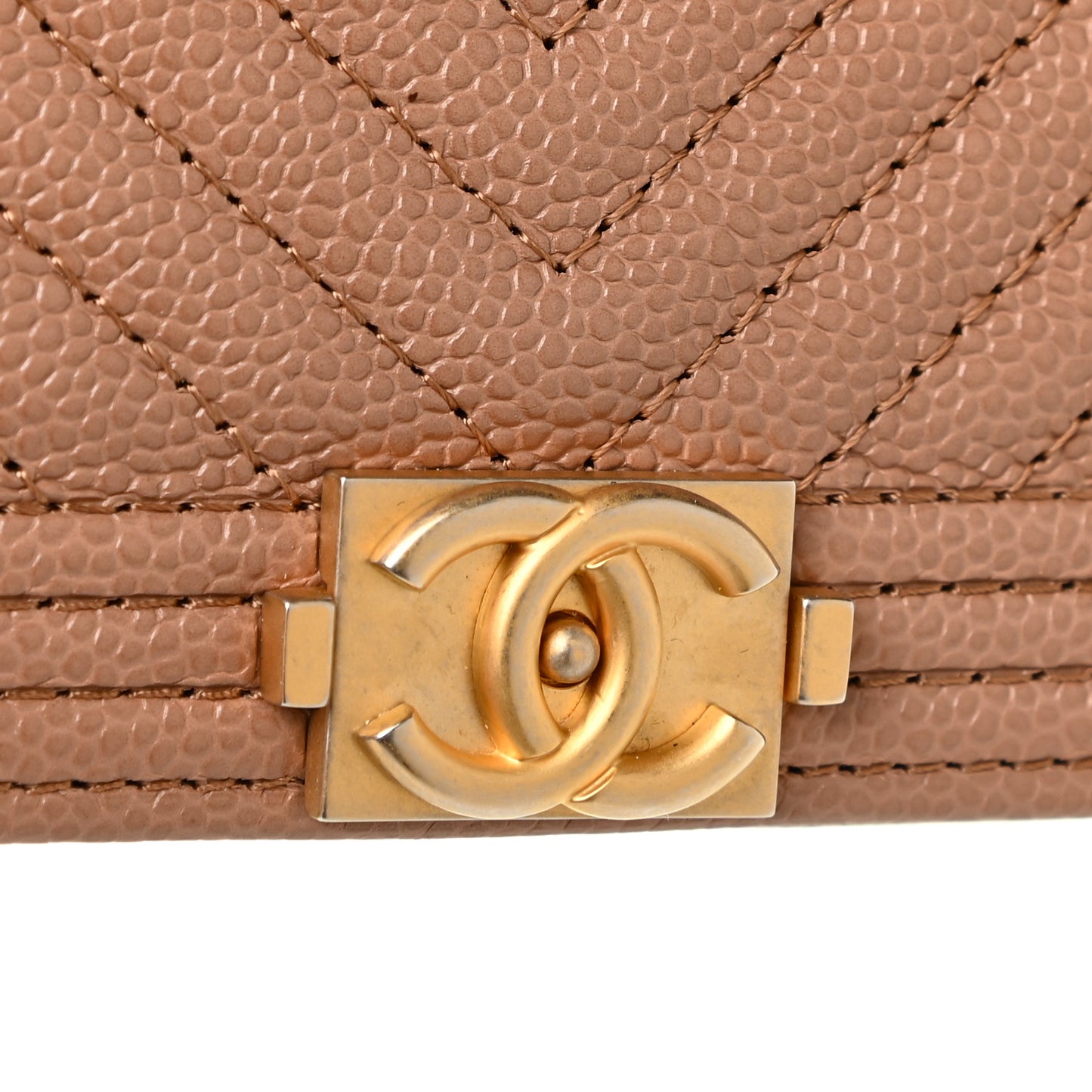 Caviar Chevron Quilted Boy Wallet On Chain WOC Dark Beige