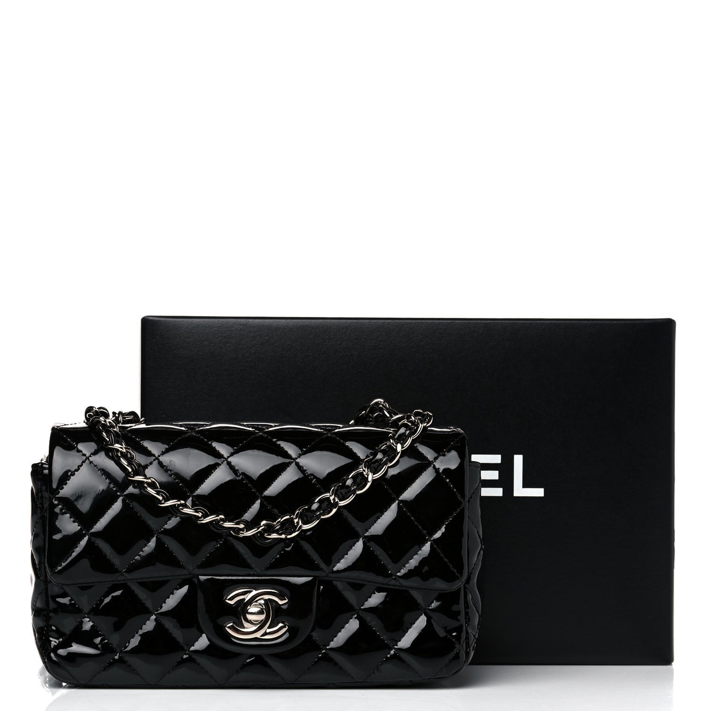 Patent Calfskin Quilted Mini Rectangular Flap Black