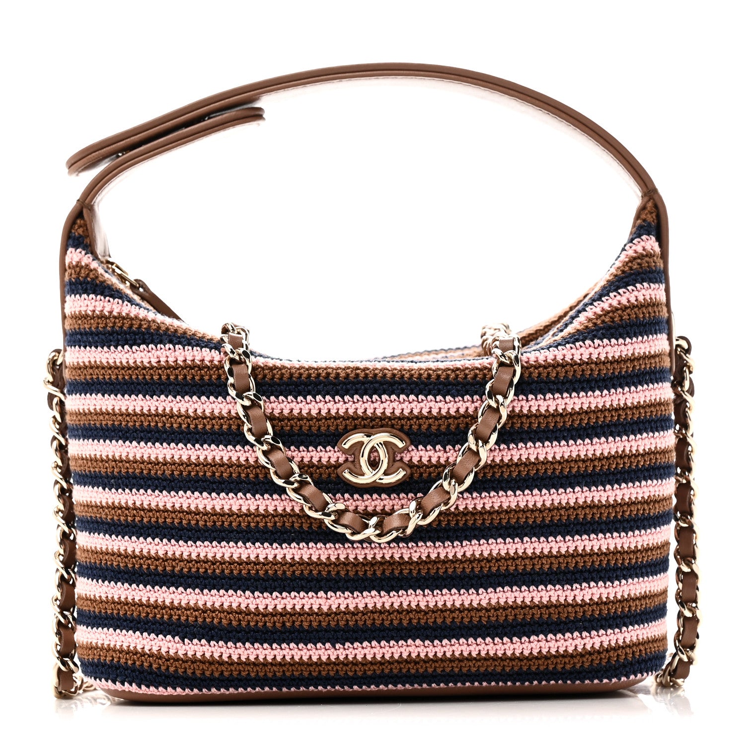 Chanel Crochet Lambskin Coco Crochet Hobo Clutch With Chain Brown Pink Navy 1 of 10