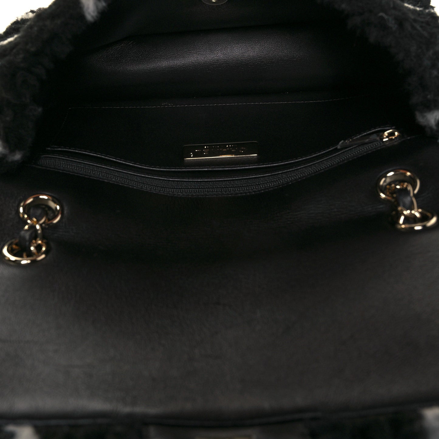 Shearling Lambskin Large Fluffy Tartan Single Flap Black White