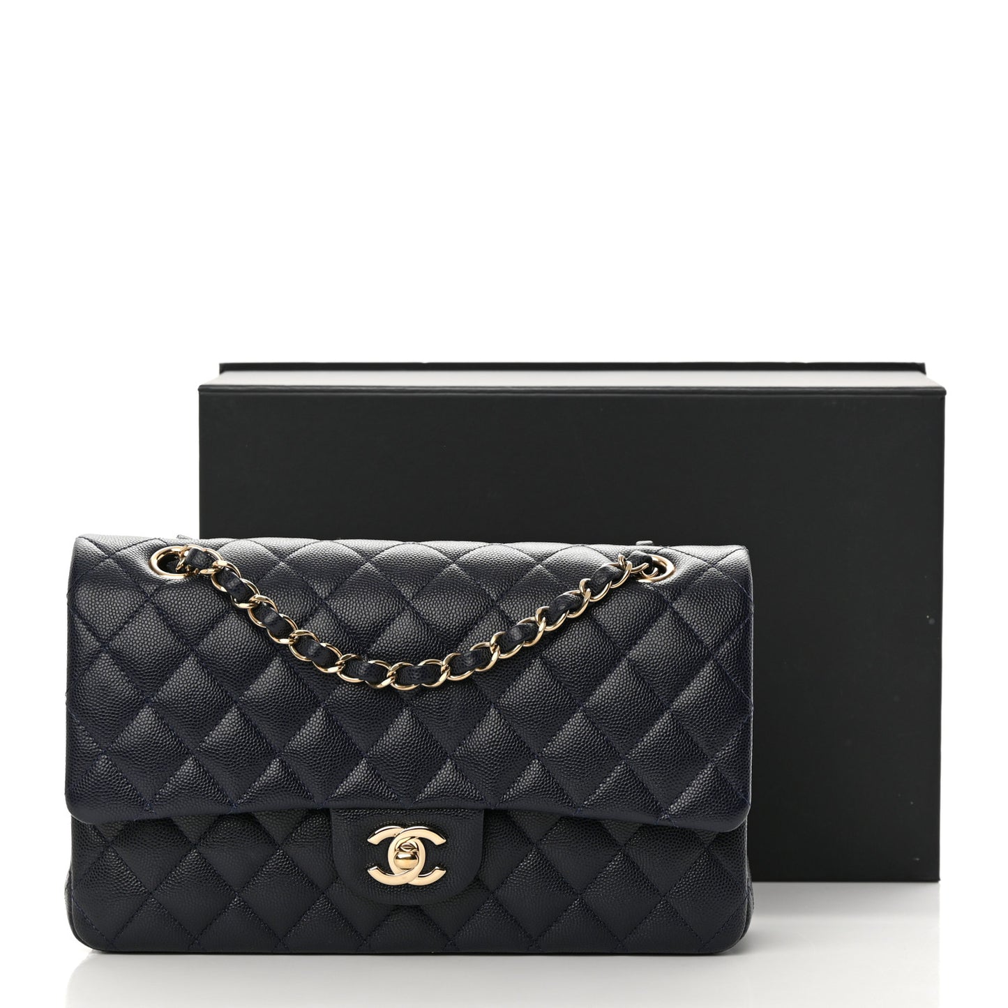 Caviar Quilted Medium Double Flap Dark Blue