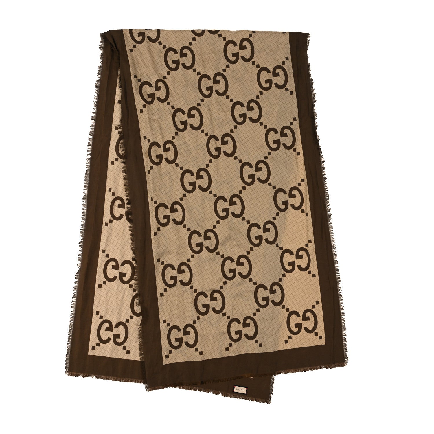 Gucci Wool Silk Jumbo GG Monogram Fringe Scarf Dark Brown Beige 2 of 3