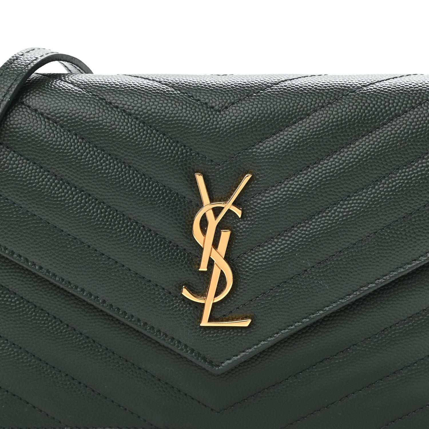 Saint Laurent Grain De Poudre Matelasse Chevron Monogram Envelope Chain Wallet Dark Green 8 of 10
