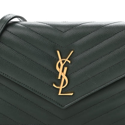 Saint Laurent Grain De Poudre Matelasse Chevron Monogram Envelope Chain Wallet Dark Green 8 of 10