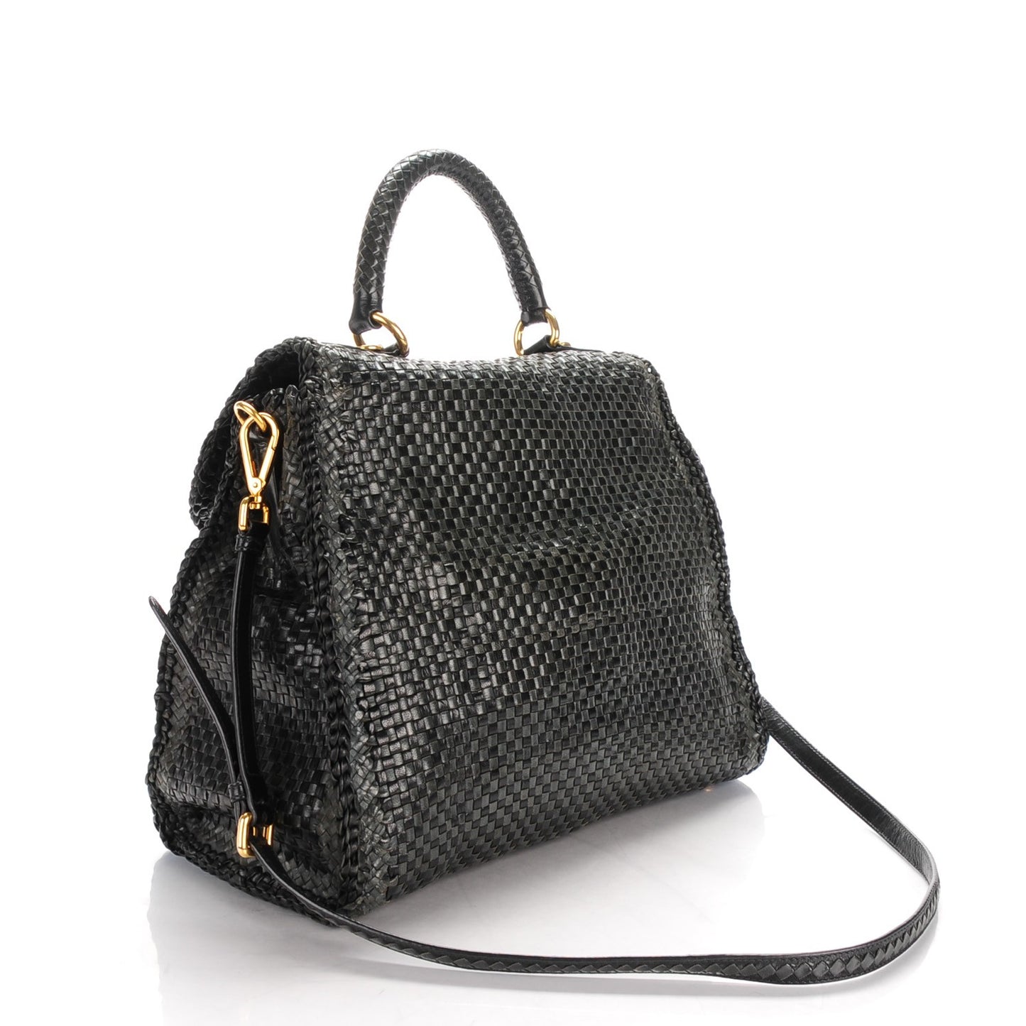 Goatskin Woven Top Handle Satchel Baltico Black