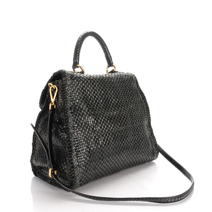 Prada Goatskin Woven Top Handle Satchel Baltico Black 3 of 7
