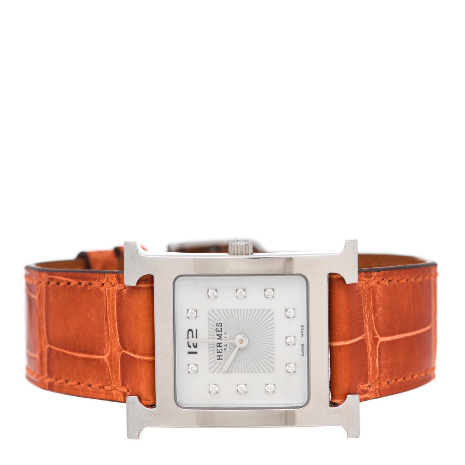 Hermes Stainless Steel Alligator Diamond Mother of Pearl 26mm Heure H Hour Quartz Watch Orange 2 of 5