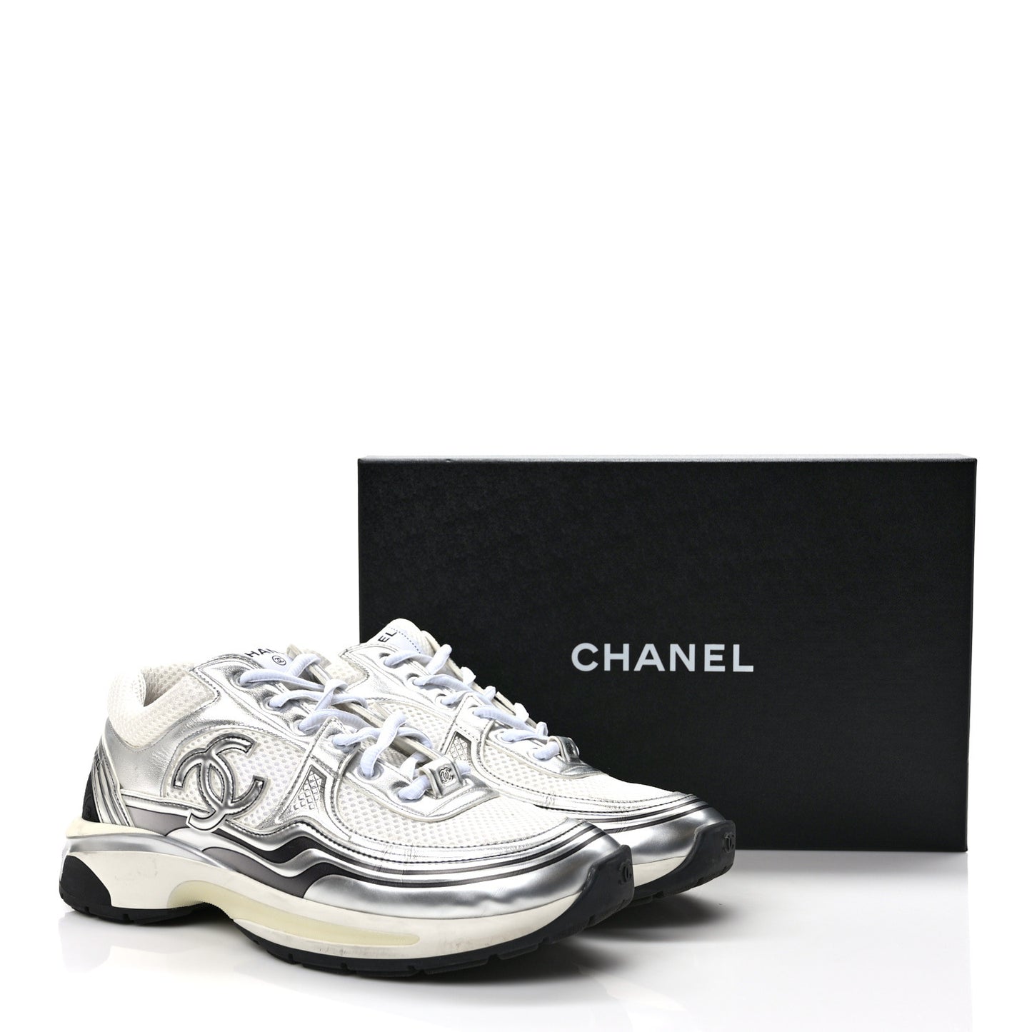 Fabric Laminated Calfskin Stretch CC Sneakers 41 White Silver