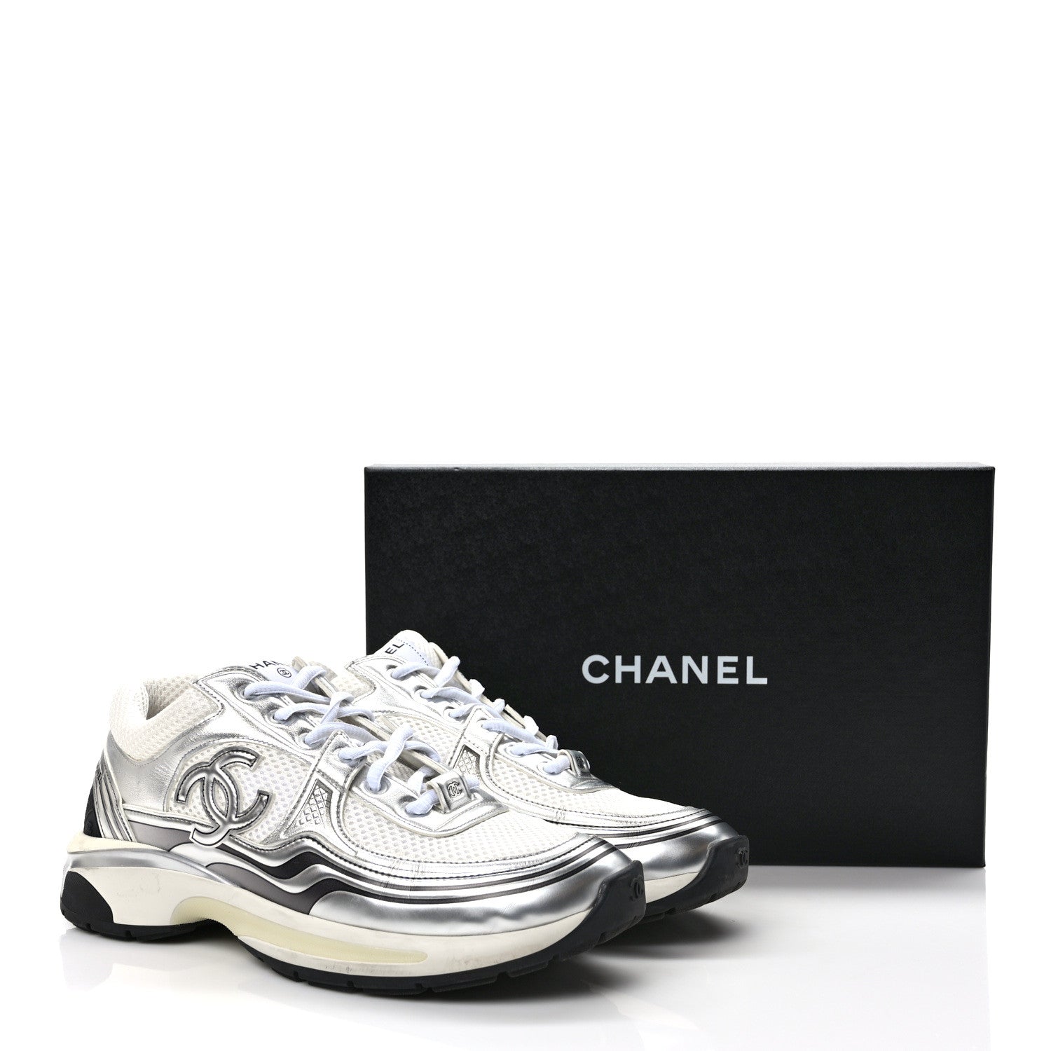 Chanel Fabric Laminated Calfskin Stretch CC Sneakers 41 White Silver 9 of 9