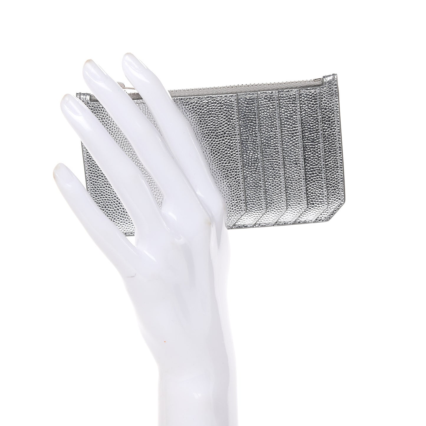Grained Calfskin 5 Fragments Zip Pouch Card Holder Silver