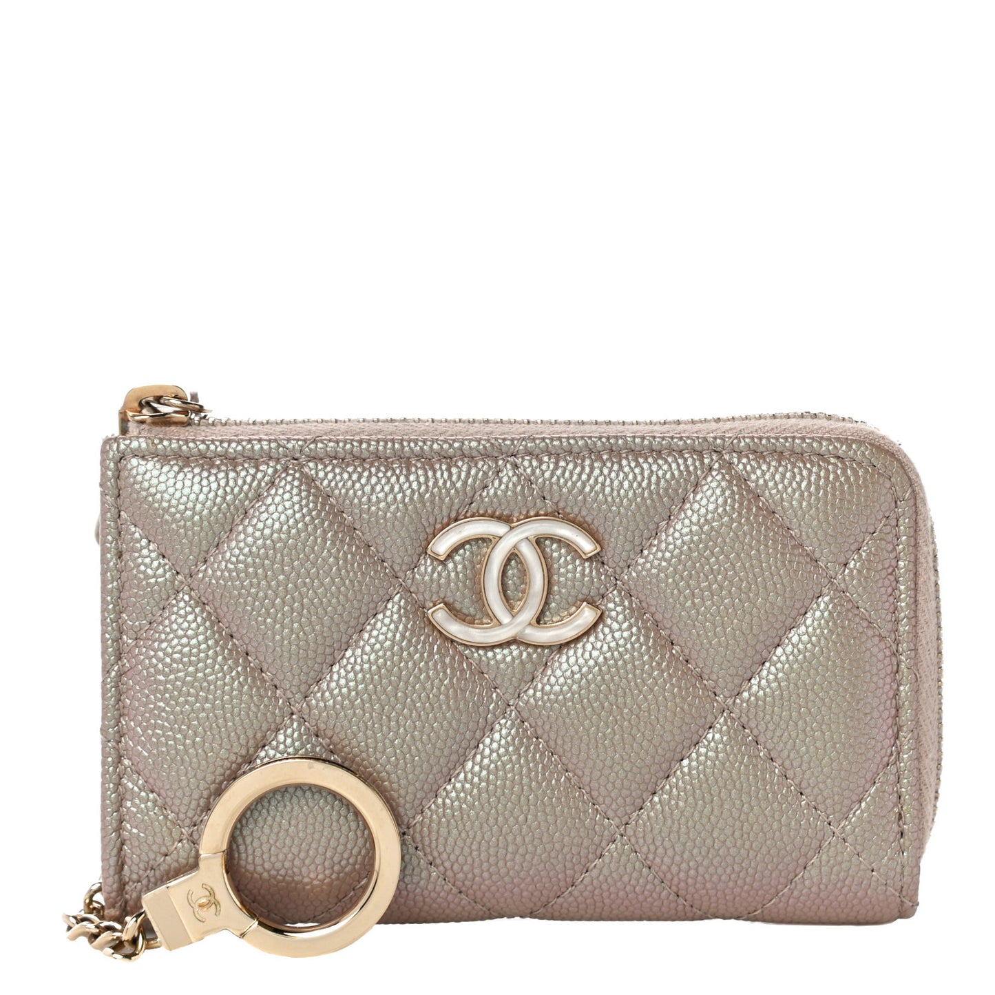 Iridescent Caviar Quilted Zipped Key Holder Case Beige