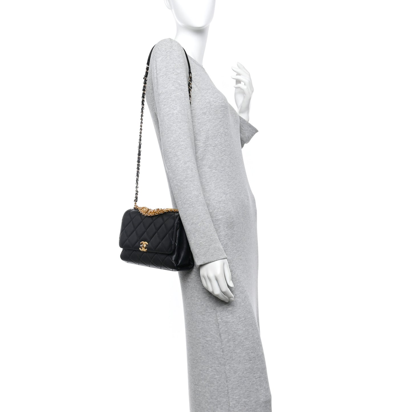 Lambskin Quilted CC Crystal Logo Chain Flap Black