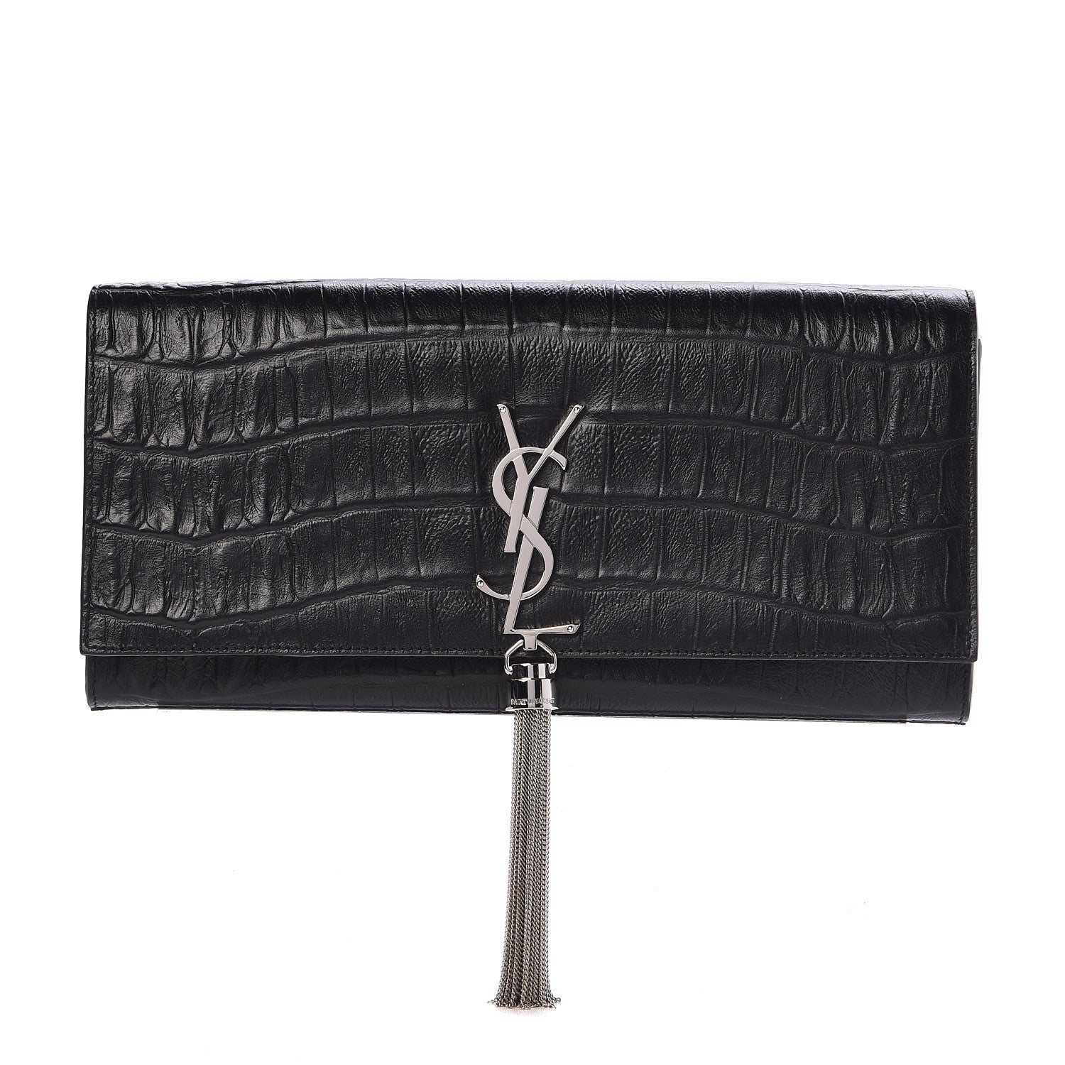 Saint Laurent Calfskin Crocodile Embossed Classic Monogram Tassel Clutch Black 1 of 13