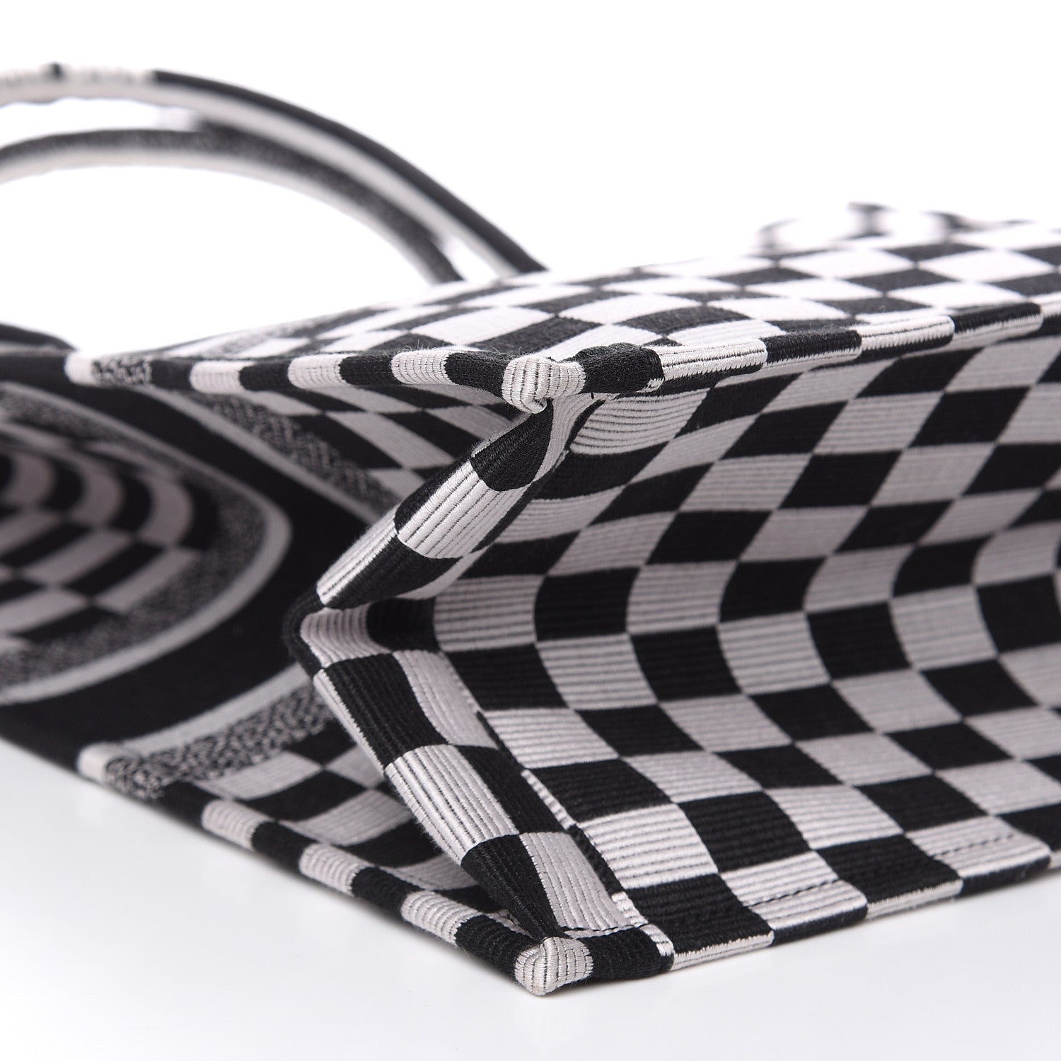 Christian Dior Canvas Embroidered Checkered Book Tote Black White 8 of 13