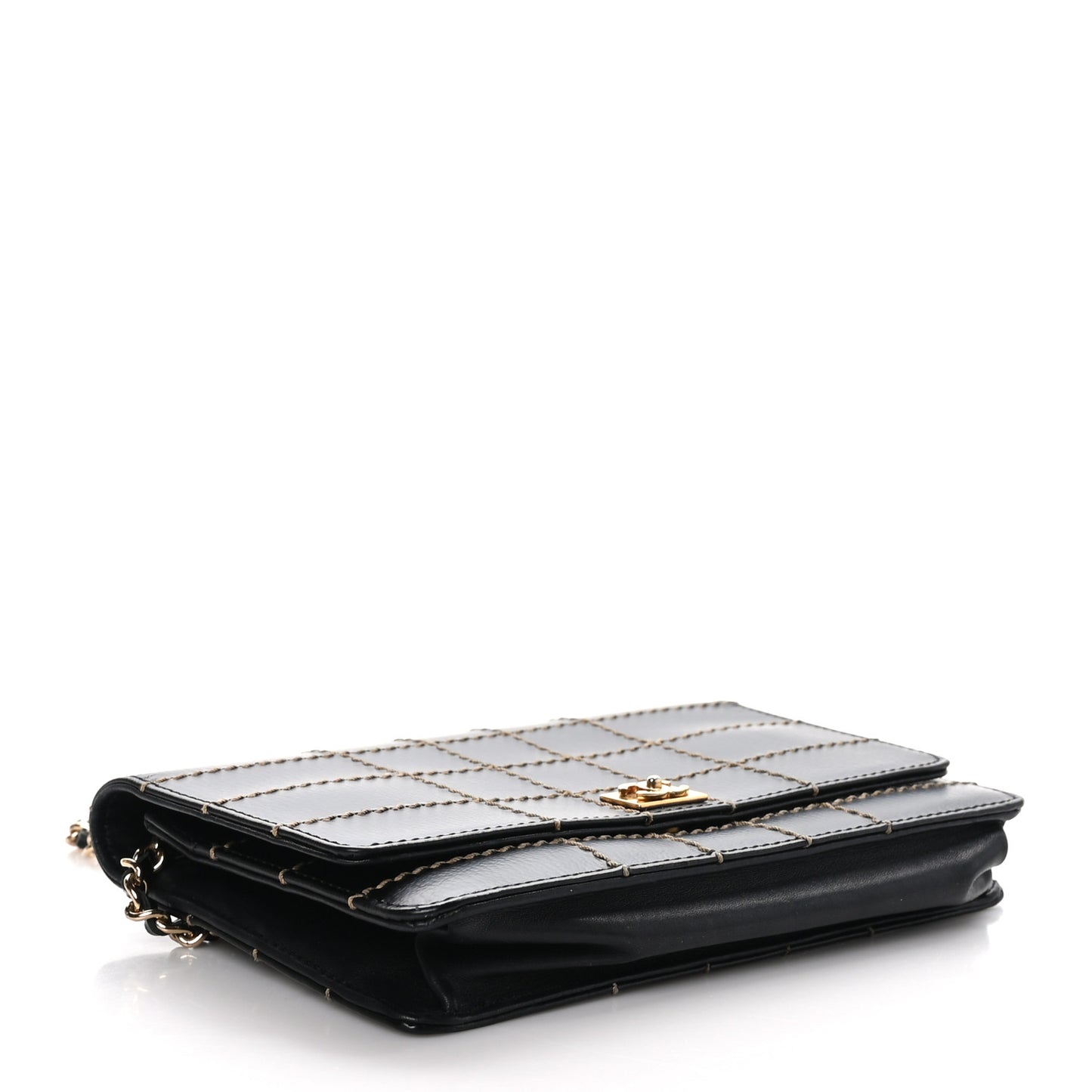 Calfskin Stitched Square Quilted Wallet On Chain WOC Black