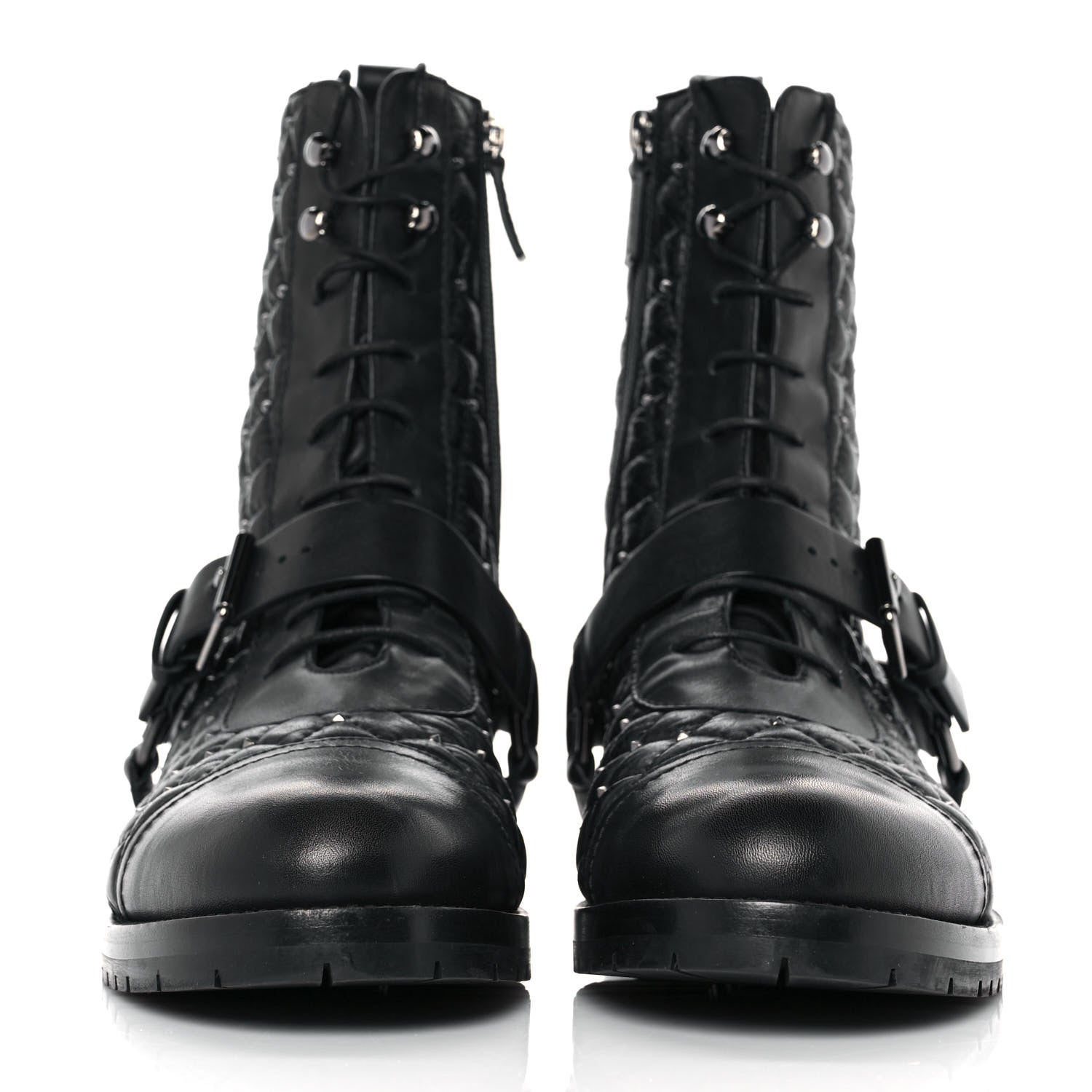 Valentino Garavani Crackled Lambskin Rockstud Spike 20mm Combat Boots 41 Black 2 of 8