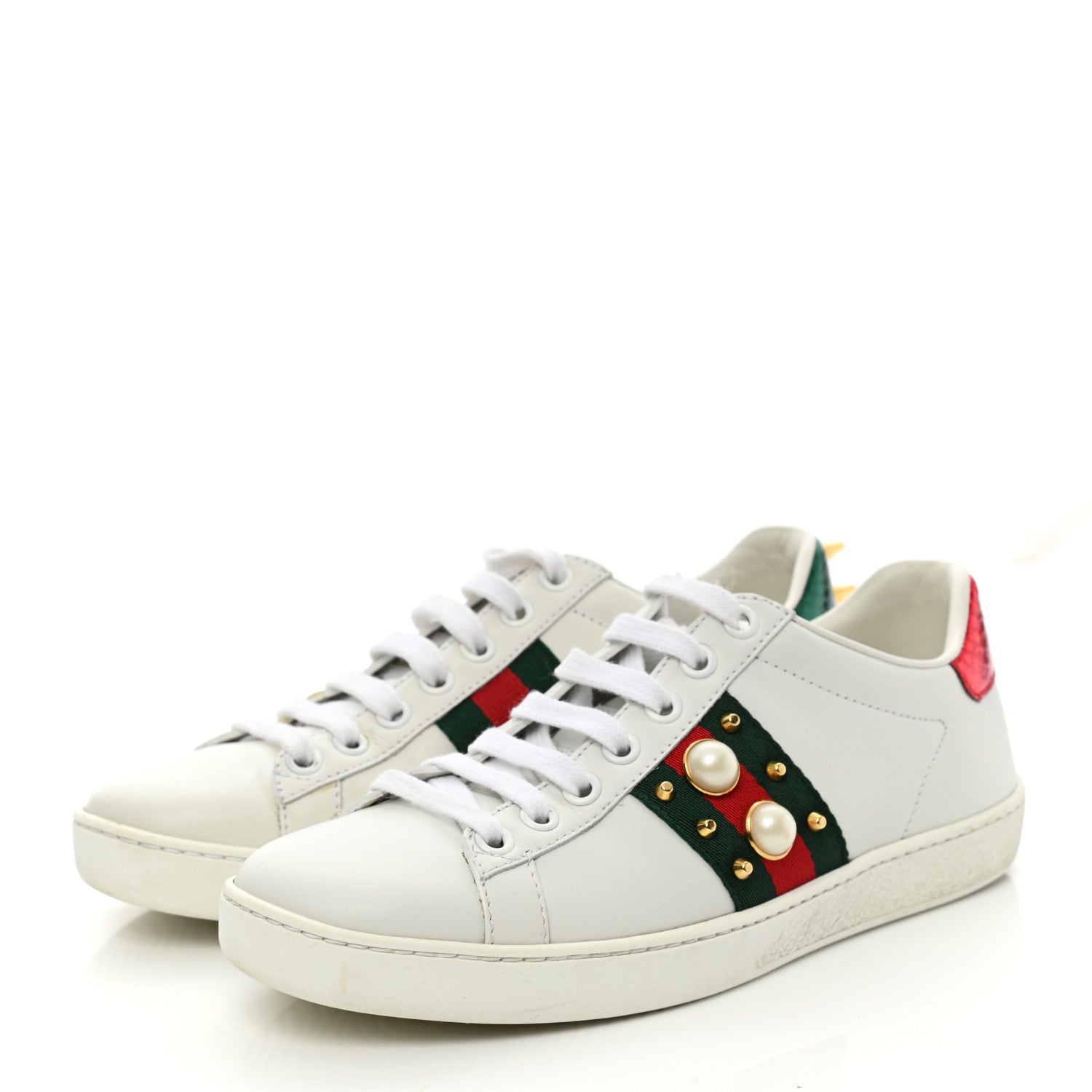 Gucci Calfskin Web Pearl Studded Womens Ace Sneakers 35 White 3 of 9