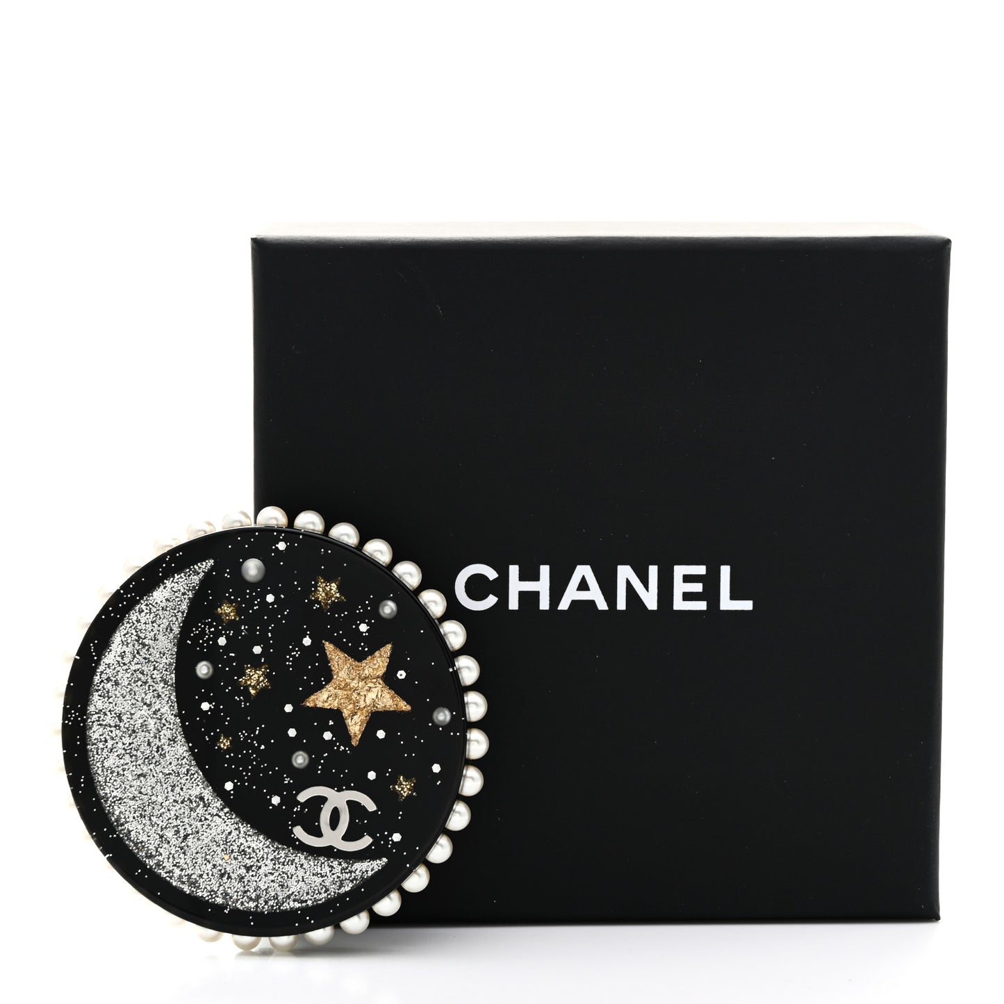 Glittered Resin Crystal Pearl CC Moon Pin Brooch Black Gold Silver