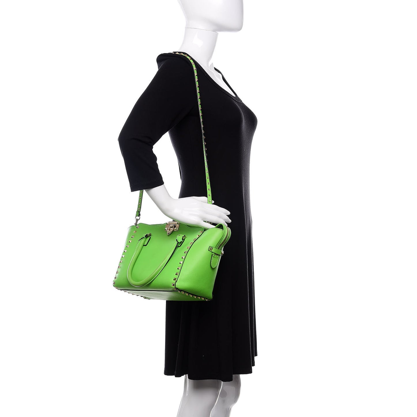 Vitello Small Rockstud Double Handle Tote Green Fluo