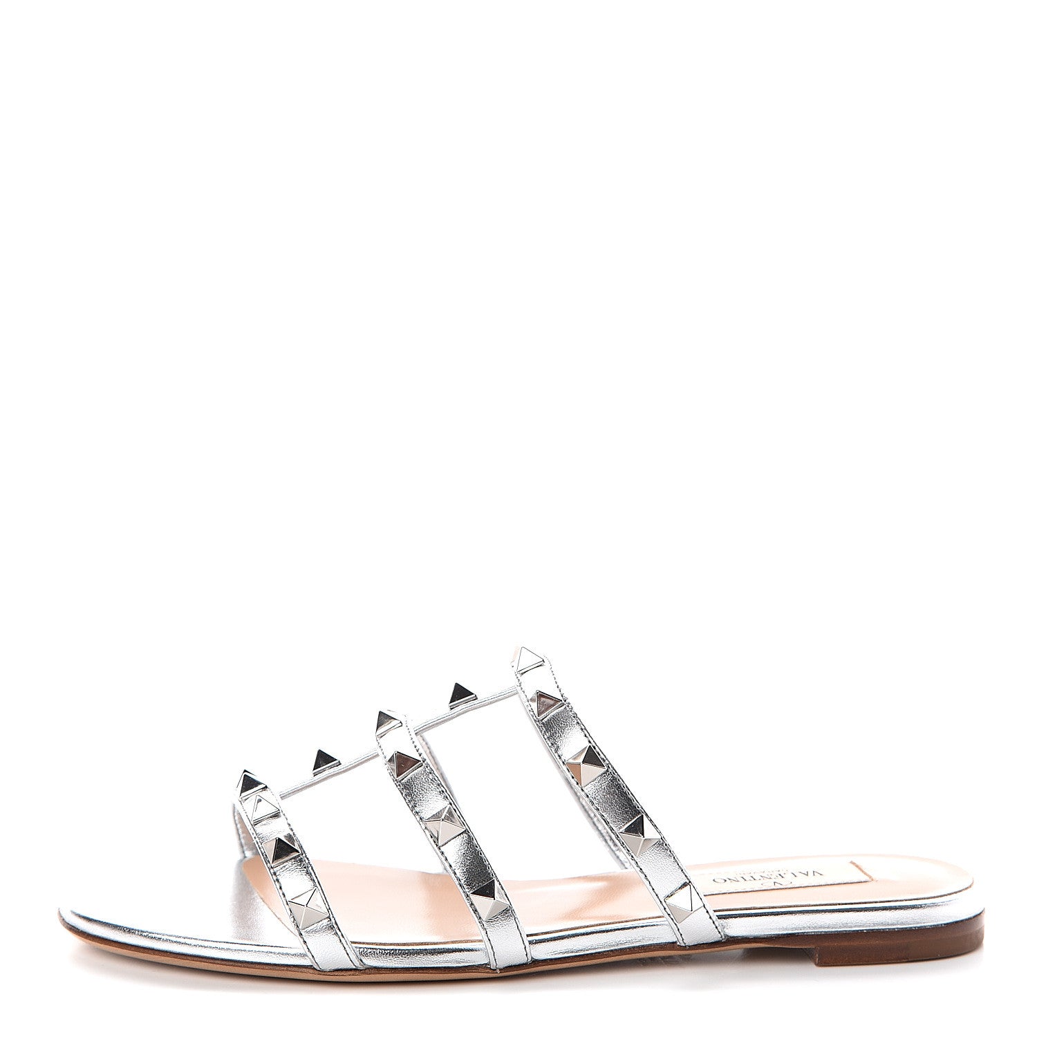 Valentino Garavani Metallic Nappa Rockstud Caged Flat Slide Sandals 35 Silver 1 of 7