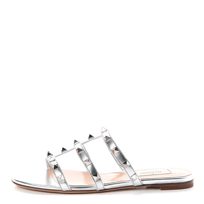 Valentino Garavani Metallic Nappa Rockstud Caged Flat Slide Sandals 35 Silver 1 of 7