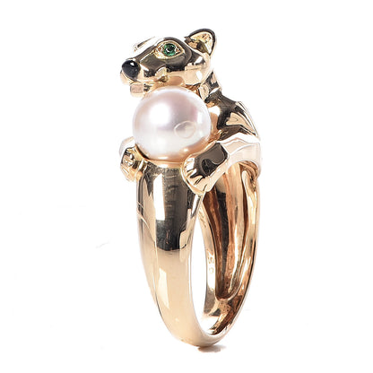 Cartier 18K Yellow Gold Pearl Black Onyx Emerald Panthere De Ring 56 7.5 3 of 10