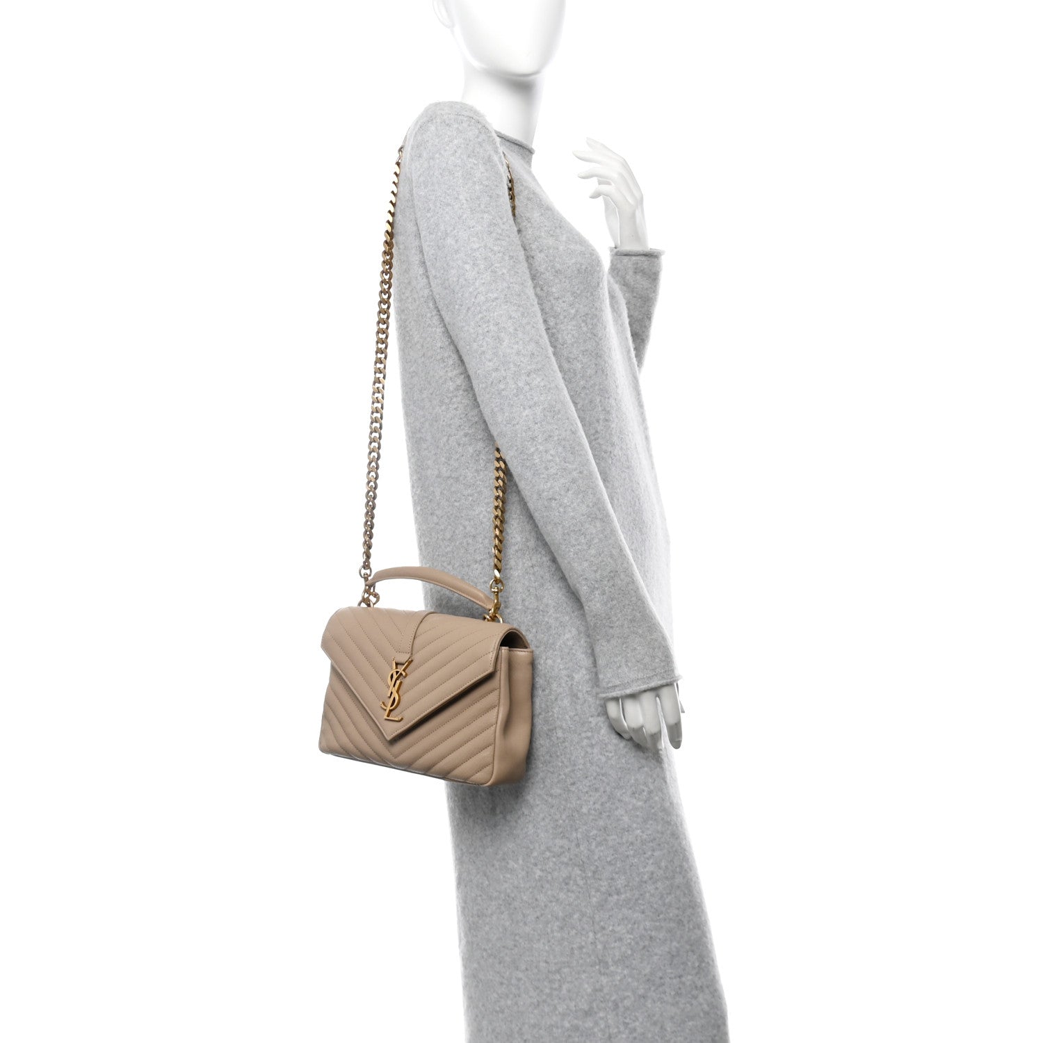 Saint Laurent Sheepskin Matelasse Chevron Monogram Medium College Bag Dark Beige 2 of 15