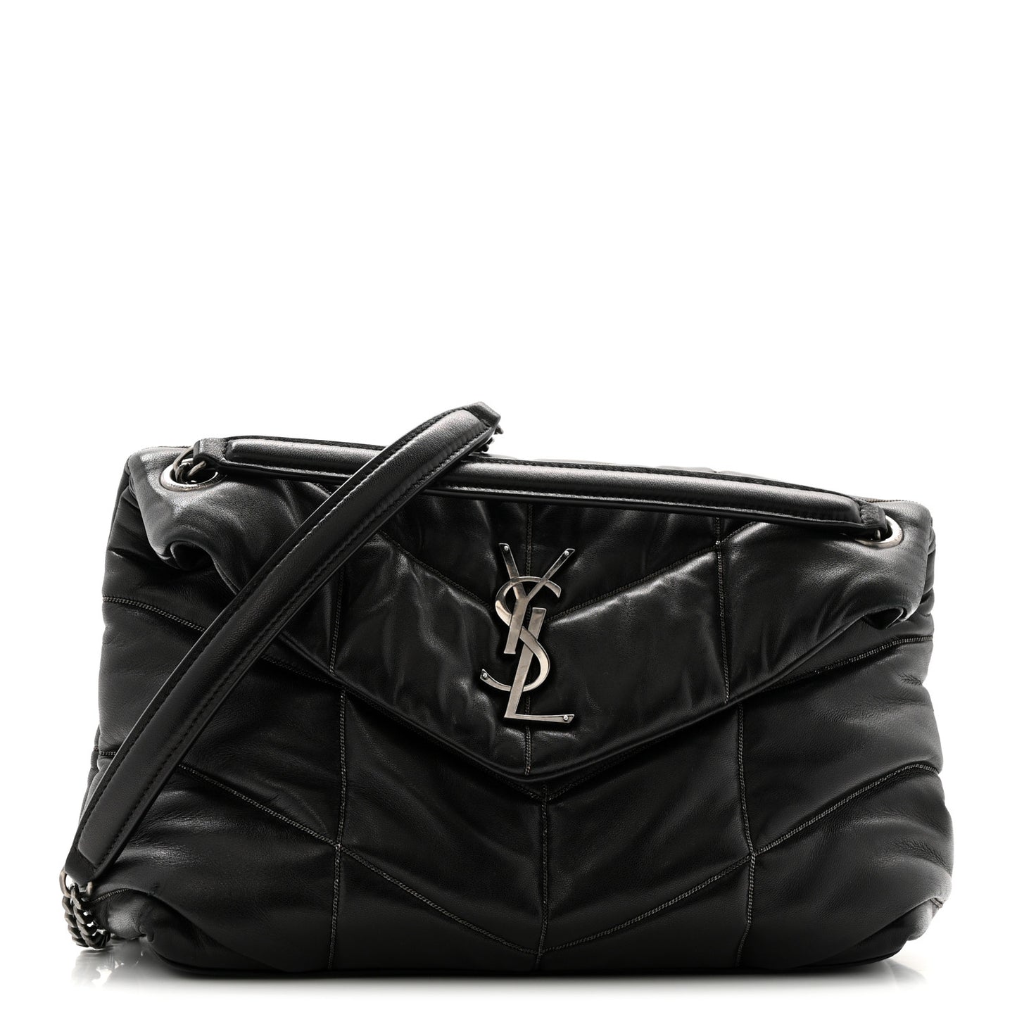 Lambskin Quilted Metal Small Loulou Puffer Monogram Chain Satchel  Black