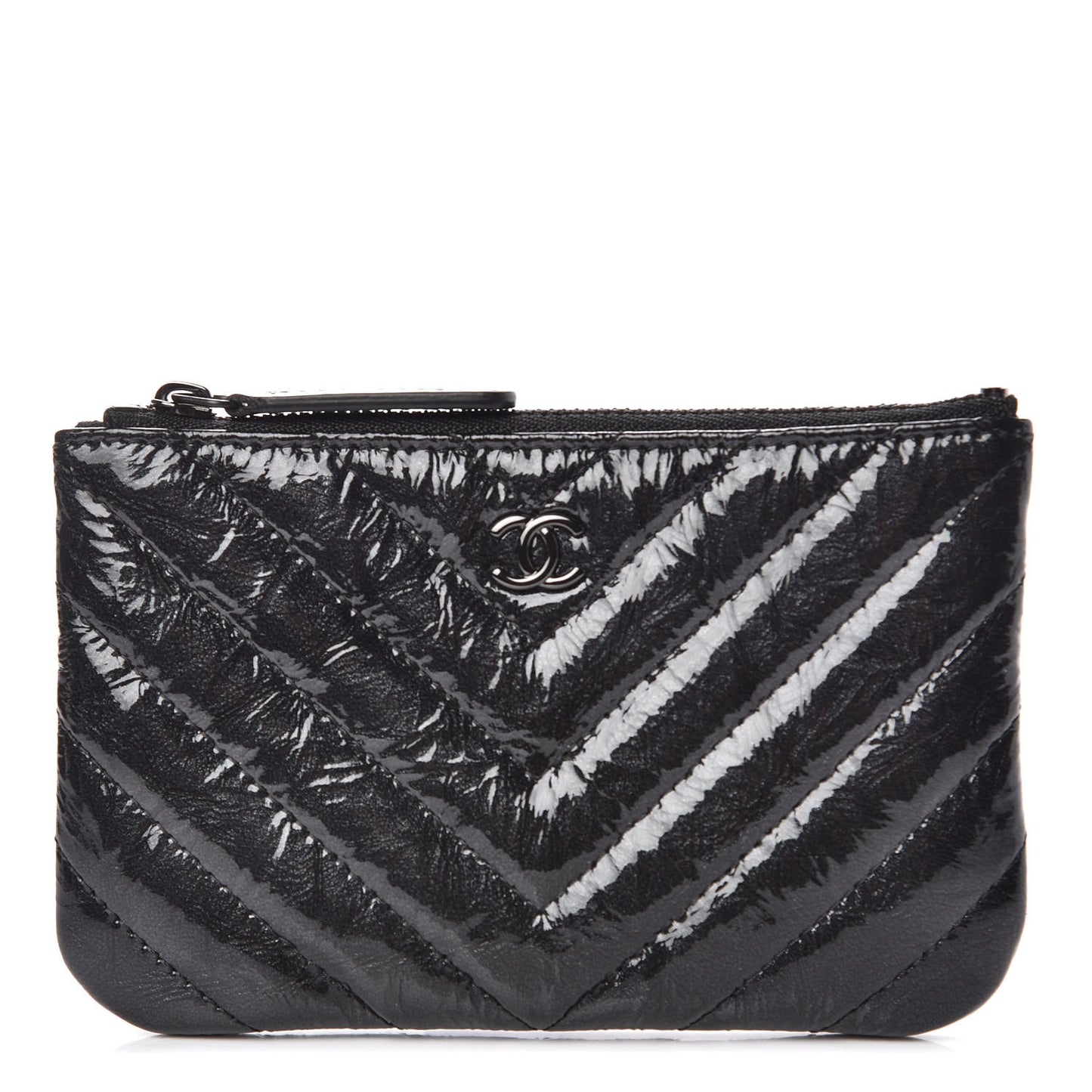 Patent Metallic Crumpled Calfskin Chevron Quilted Cosmetic Case So Black