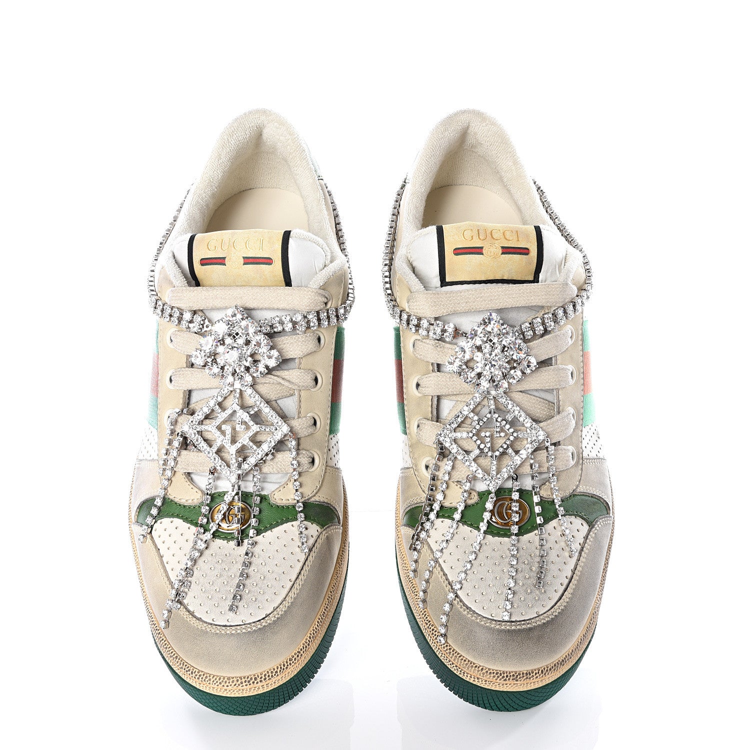 Gucci Nubuck Calfskin Web Removable Crystals Mens Screener Sneakers 8 Dusty Milk New Mystic White 5 of 12