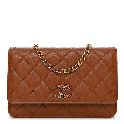 Chanel Shiny Caviar Quilted Strass Wallet On Chain WOC Light Brown 1 of 11