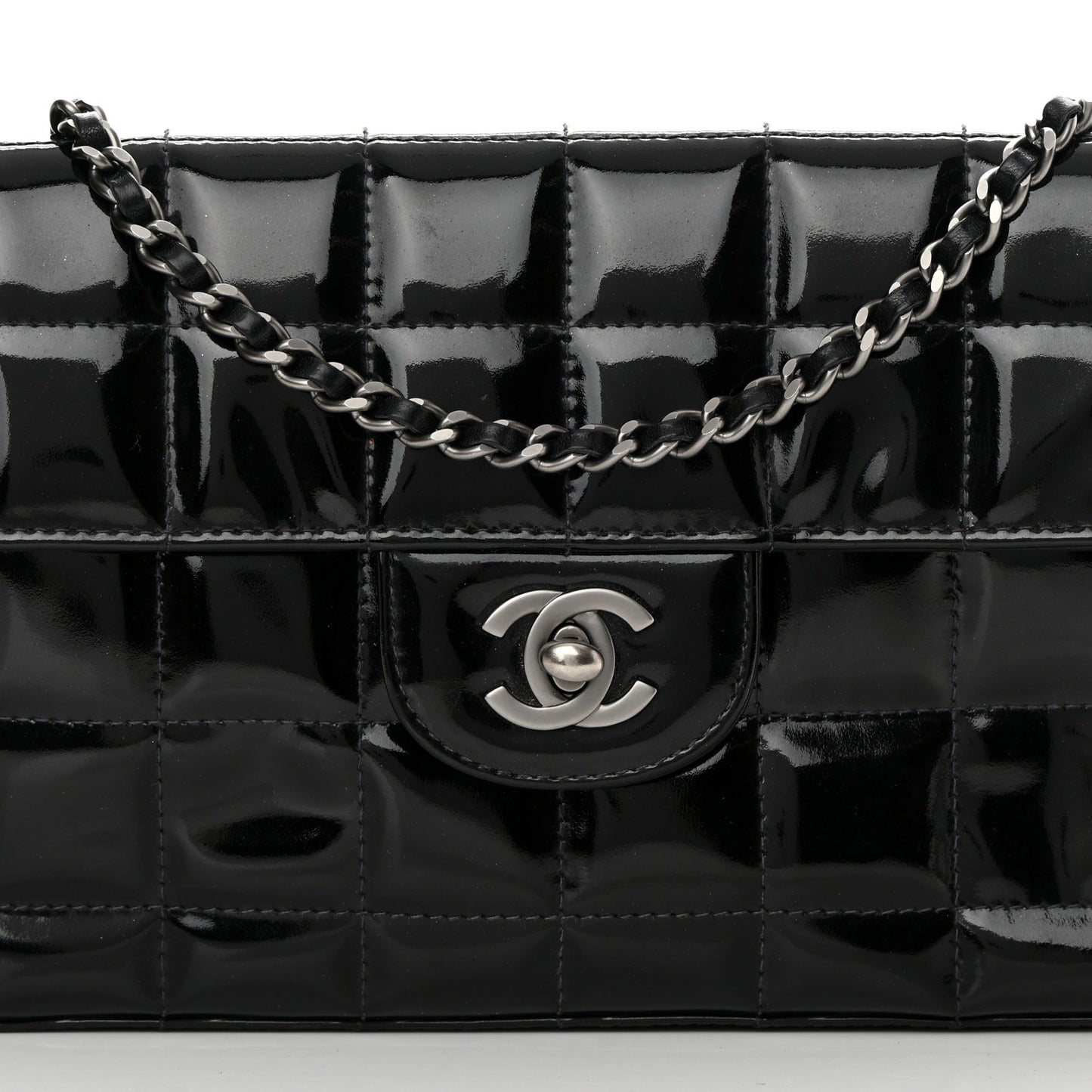 Patent Quilted East West Chocolate Bar Flap Black
