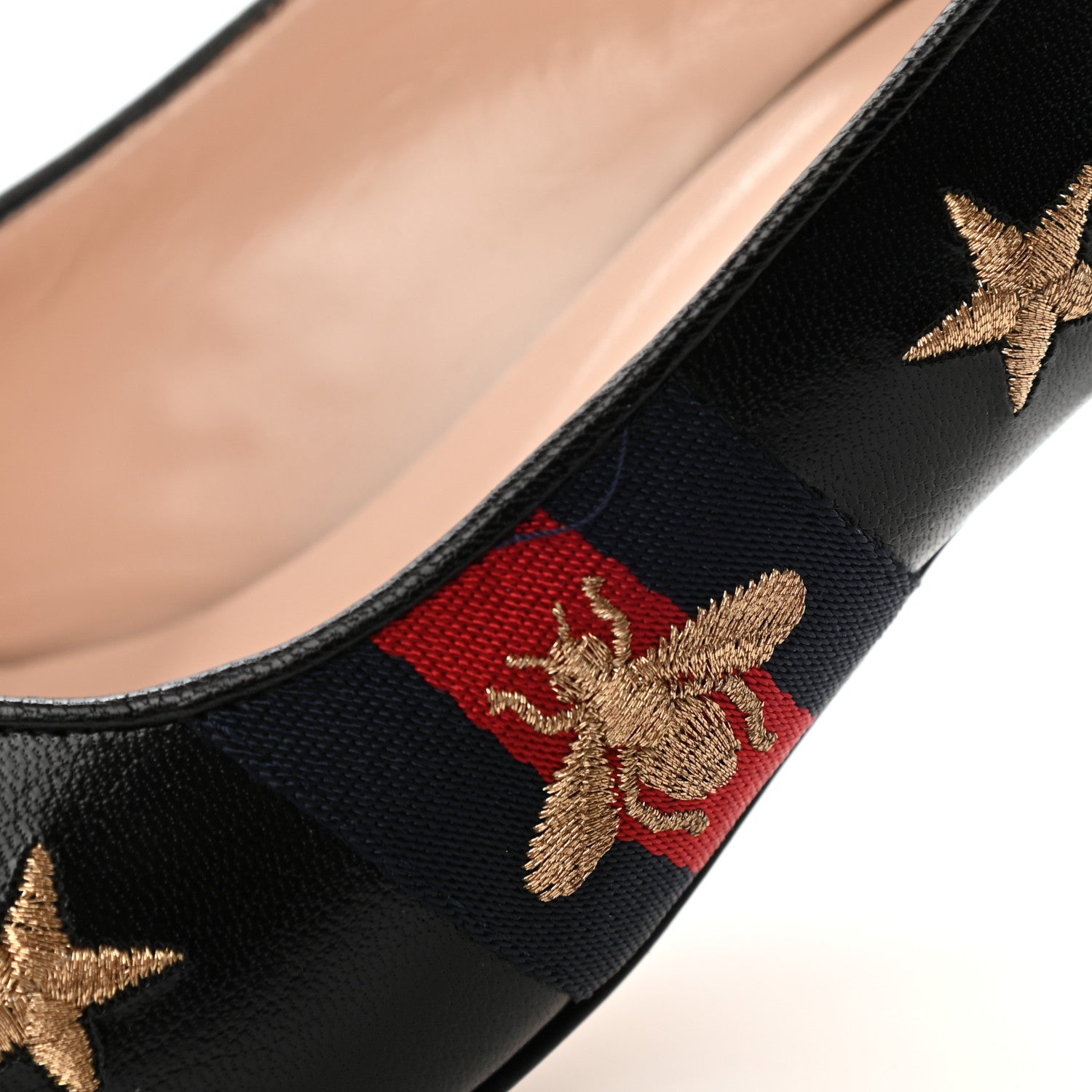 Gucci Calfskin Web Bee Star Embroidered Sylvie Mid Heel Slingback Pumps 39 Black 9 of 10