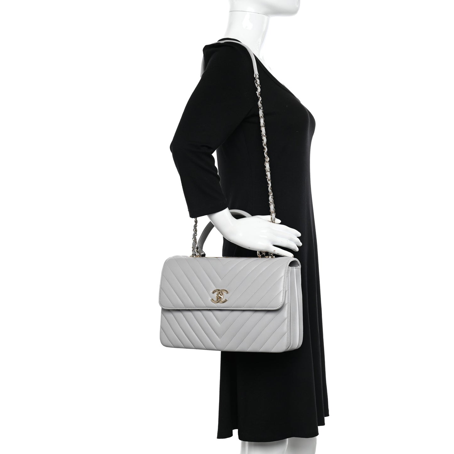 Lambskin Chevron Quilted Medium Trendy CC Dual Handle Flap Bag Grey