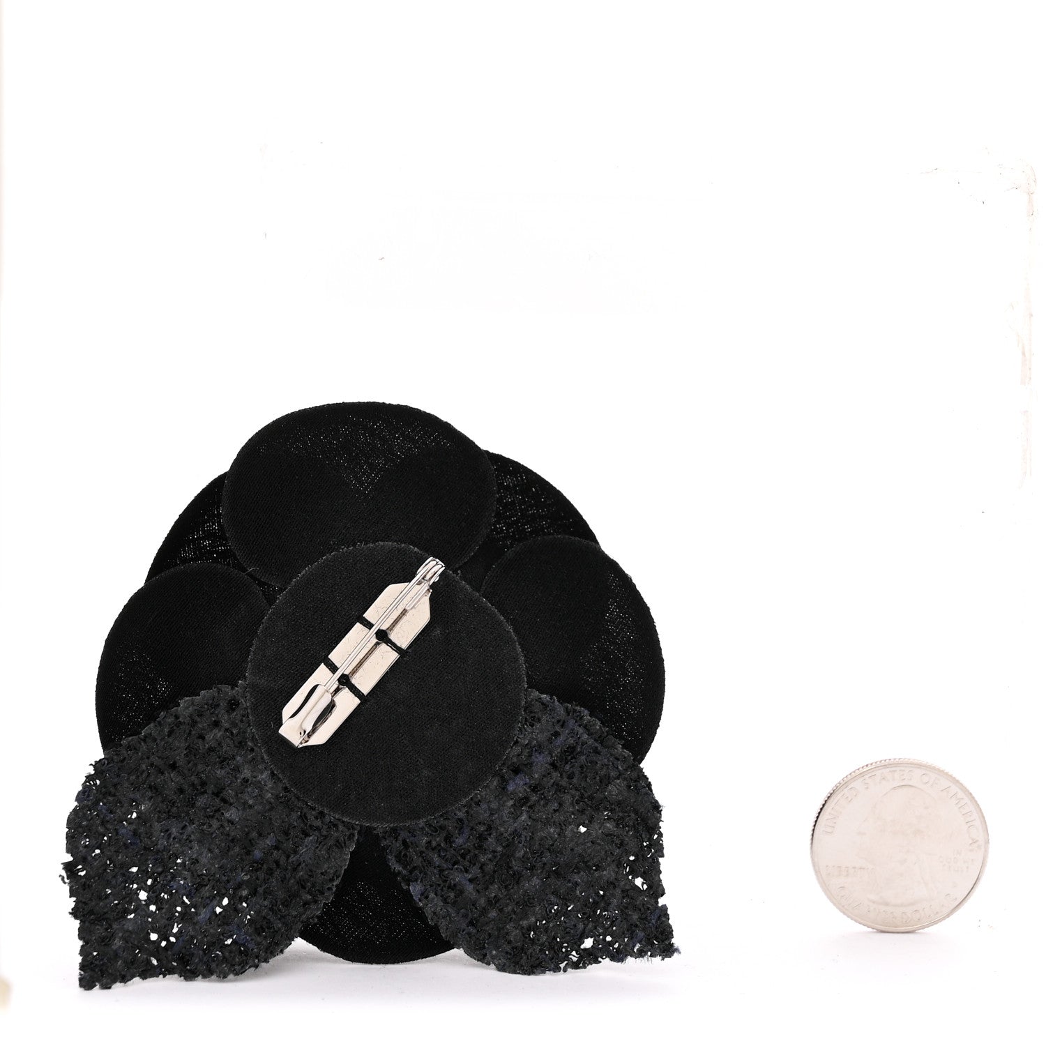 Chanel Tweed Fabric Camellia Pin Brooch Navy Blue Black 2 of 3