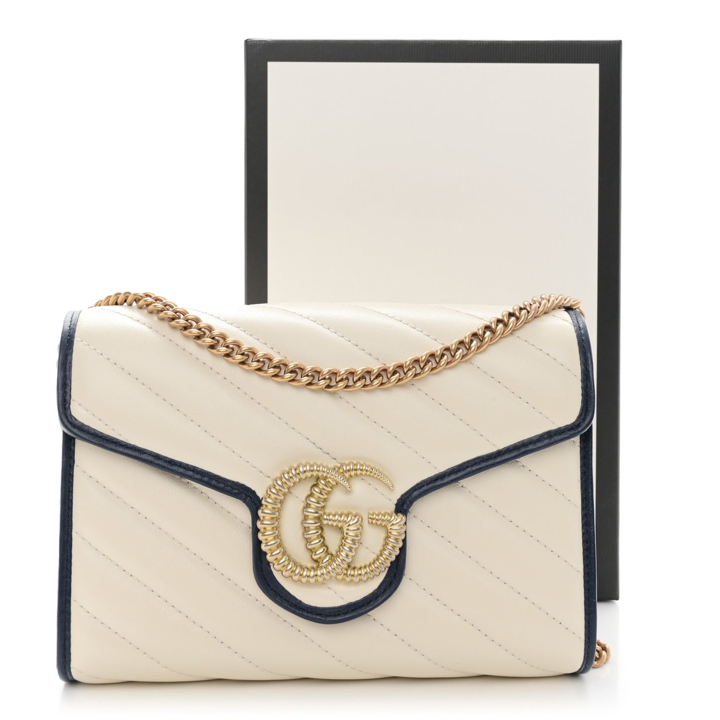 Vintage Effect Calfskin Matelasse Diagonal Torchon GG Marmont Chain Wallet Mystic White Blue Agata